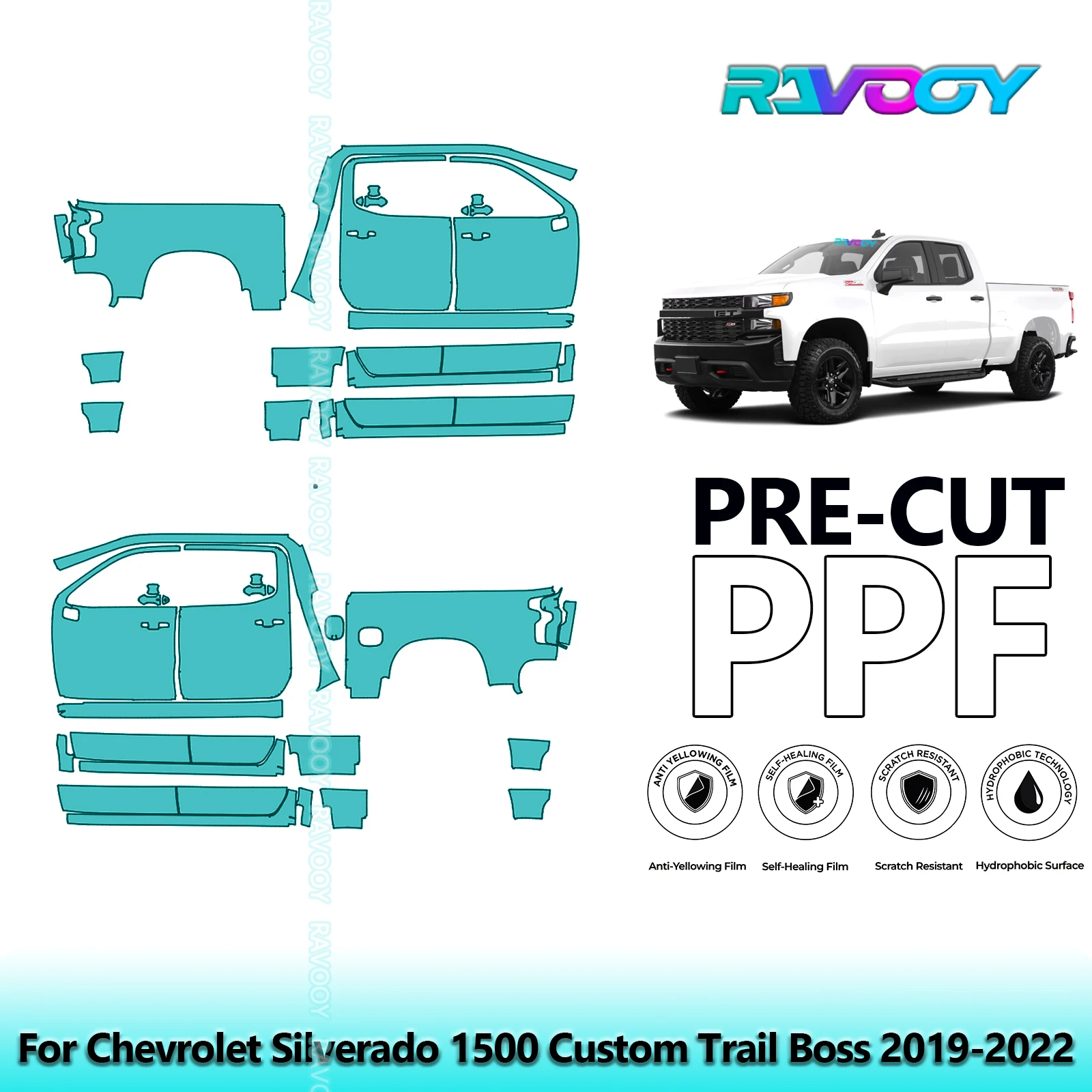 

For Chevrolet Silverado 1500 Custom Trail Boss 2019-2022 8.5mil Pre-Cut PPF Door & A/B Pillar Kit TPU Paint Protection Film Set