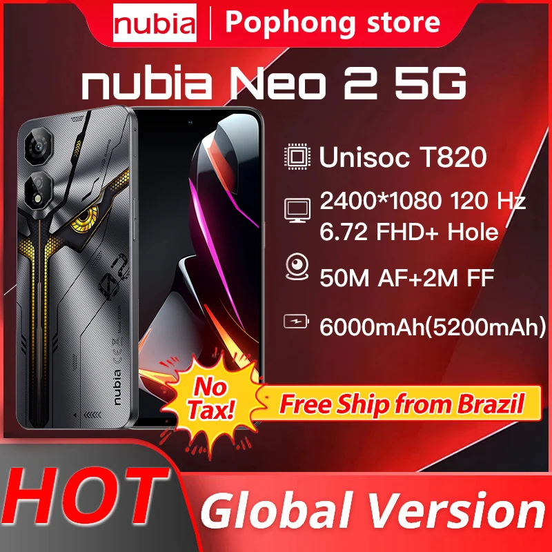 No Tax Ship from Brazil Global Version Nubia Neo 2 5G Mobile Phone 6000mAh Unisoc T820 6.72 FHD+ Hole 120Hz 50M NFC