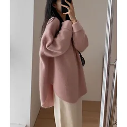 Spring Women New Korean Sweater Loose Knitting Warm Round Neck Falling Shoulder Sleeves Long Sleeved Solid Color All-match Tops