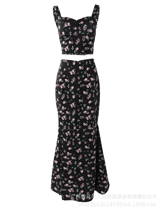 Women's Two-piece Casual Summer Slim Floral Print Sweetheart Collar Shirring Vest Top and High Waisted Slit Mermaid Skirt Set