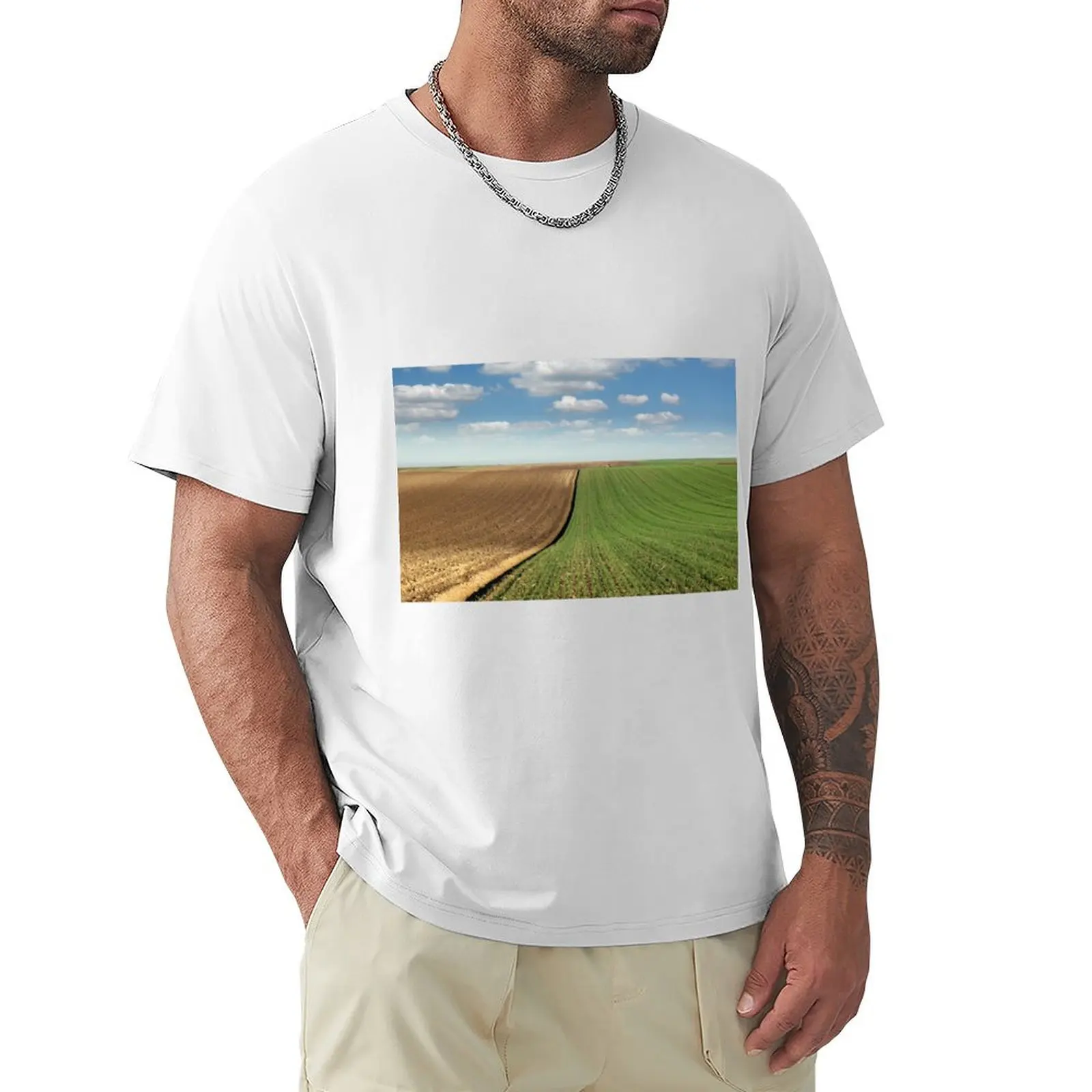 young green wheat and plowed field landscape spring season agriculture T-shirt customs anime clothes Men's t-shirt