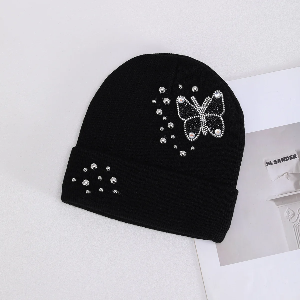 Rhinestone Butterfly Cuff Knit Beanie for Women, Autumn and Winter Thickened Elastic Warm Wool Hat, Starry Sky Rhinestone Studded Personality Pullover Hat, Daily Commuting Cold-Proof Casual Multi-Color Headwrap Hat