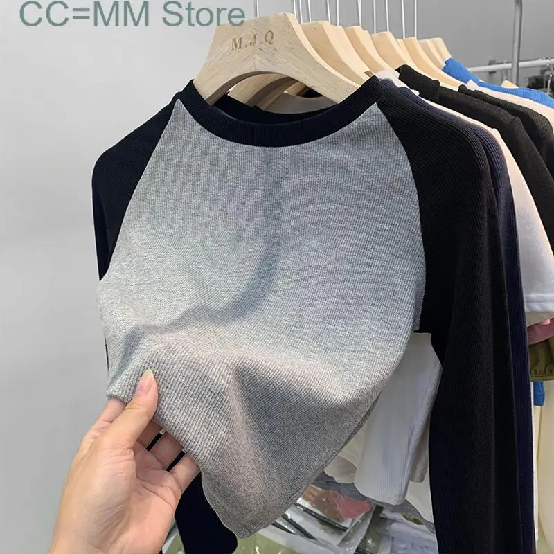 New Patchwork Cropped T Shirts for Fall Winter Korean Fashion Tops Office Ladies Slim Long Sleeve Tee Shirts
