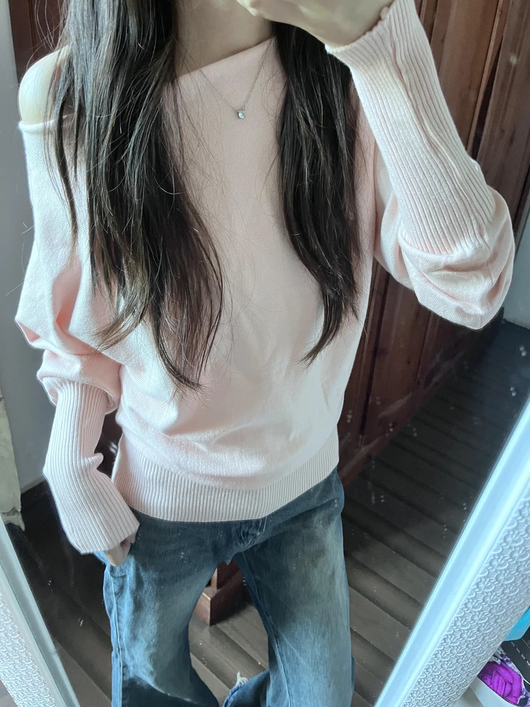 

Korean Style Off-Shoulder Knitted Top Women's Early Autumn Casual Loose Fit Long Sleeve Soft Warm Base Layer Pink Sweater