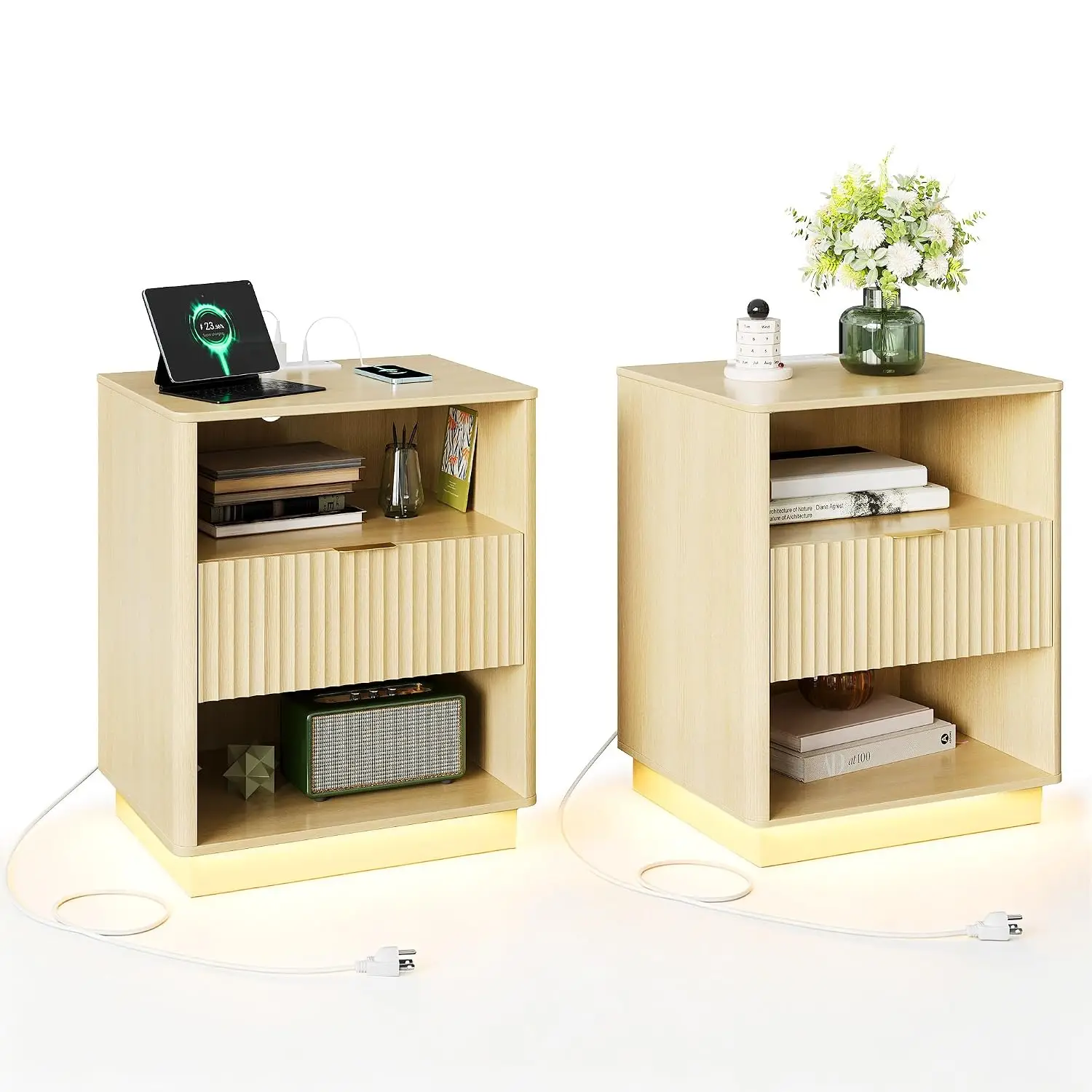 Fluted Bedside Table Set of 2 with USB Charging Station & LED Light, Customized