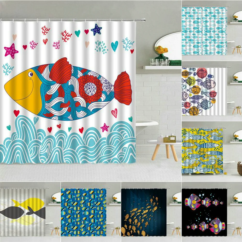 

Cartoon Colored Fish Shower Curtain Waves Ocean Animal Child Waterproof Fabric Bath Screen Washable Bathroom Decor Curtains Set