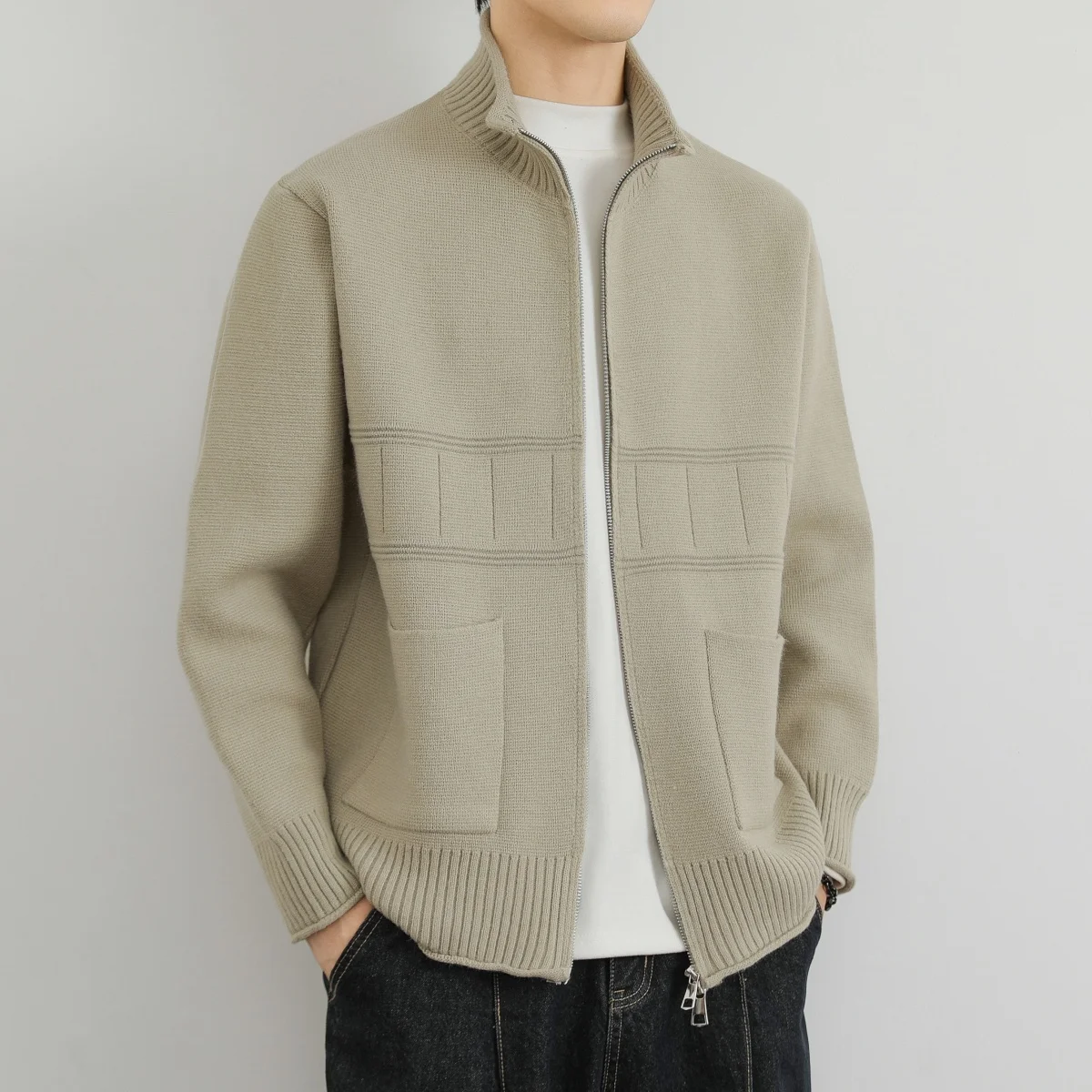 

Мужской вязаный кардиган Ele с двойной молнией и воротником-стойкой, повседневный свободный свитер-жакет из полиэстера для осени и зимы