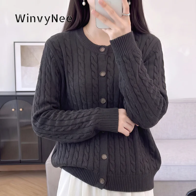 WinvyNee Women 100% Cotton Crew Neck Button Cable Knit Overcoat Retro Chic Leisure Holiday Dating Casual Basic Garment B1002091