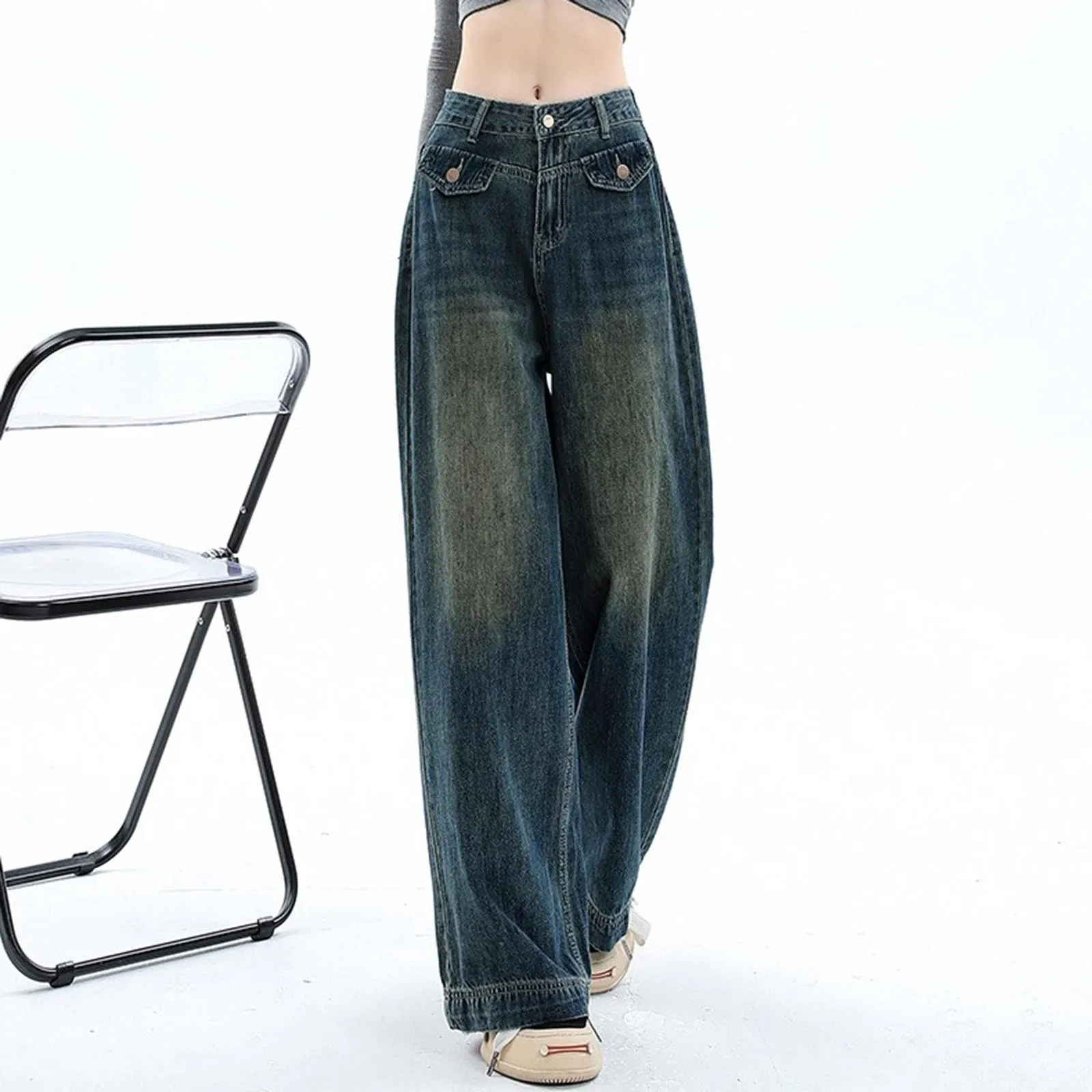 High Waist E Girl Style Casual Baggy Jeans Streetwear Vintage Loose Fit Denim Trousers Fashion Distressed Wide Leg Pants Women