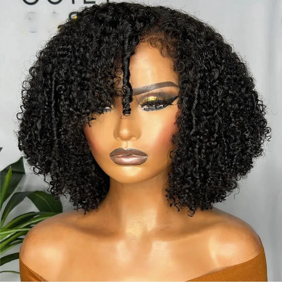 Perruque Bob Lace Front Wig crépue bouclée sans colle pour femme, cheveux courts doux, noir naturel, densité 180, baby hair, degré de chaleur, préplumée, 03, sans colle