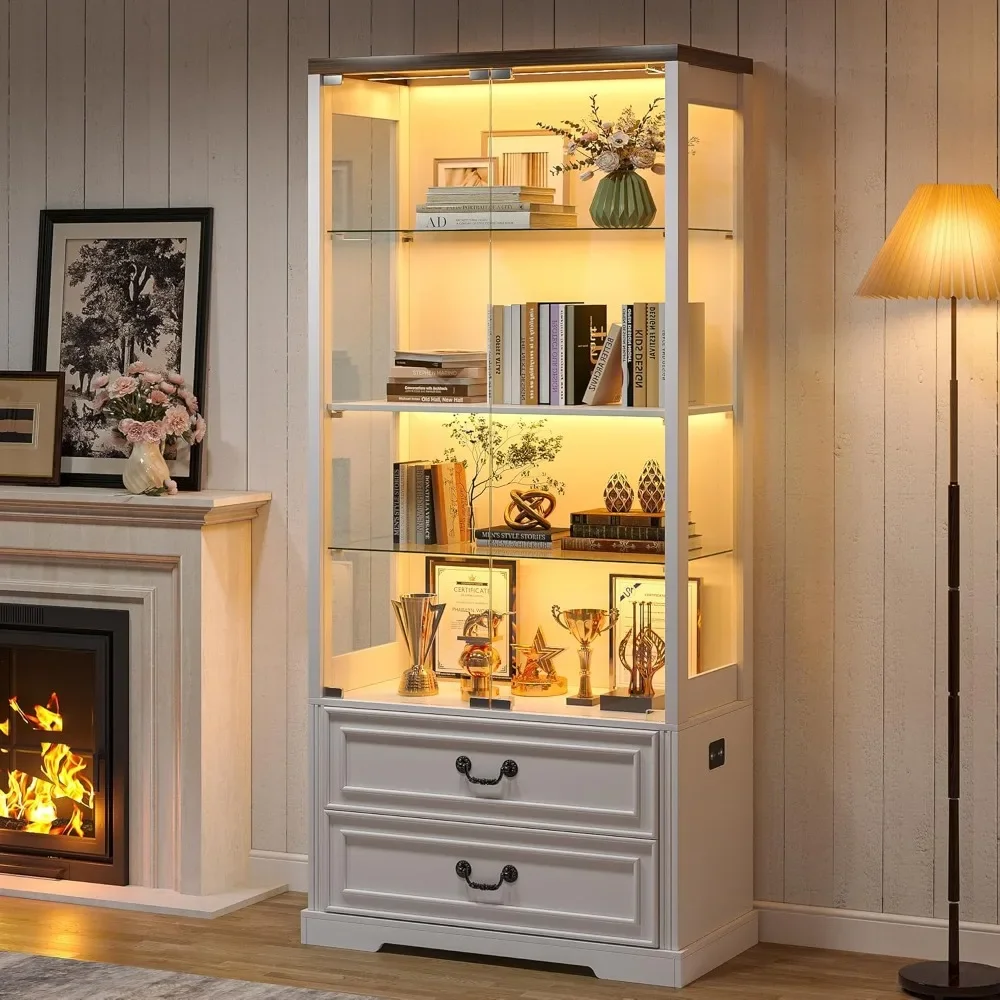 [¡Envío gratis ¡Compre ahora! ] Vitrina "de alto de 67 pulgadas con puertas de vidrio, 2 cajones, estanterías ajustables y iluminación led