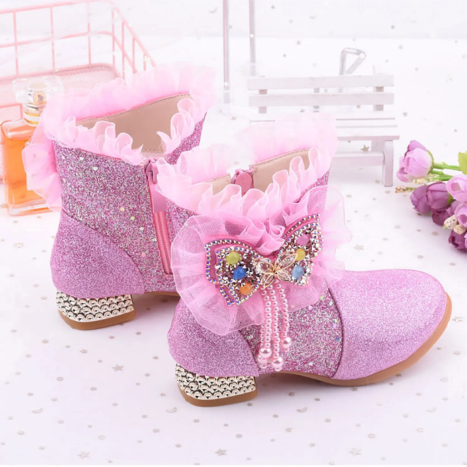 Girls Princess Boots Autumn Winter Sequins Butterfly Beading Tassel Sweet Boots Children\'s Flat Leather Shoes 2024 New Booties