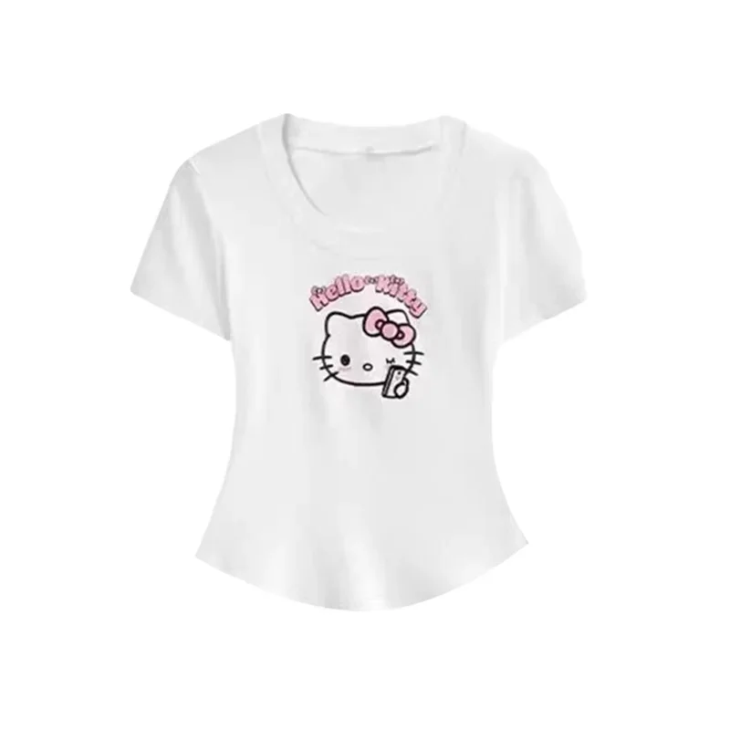 Summer New Hello Kitty Short-sleeved Top Shorts Women Home Wear Set Teenager Y2K White Clothes Streetwear T-shirt Casual Suit