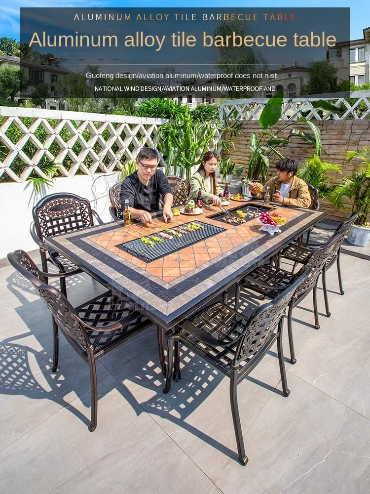 

Courtyard cast aluminum barbecue tables and chairs, villa garden, household use, long ceramic tiles, outdoor