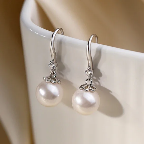 

Real 925 Sterling Silver Zircon Round Pearl Stud Earrings for Women Minimalist Vintage Fine Jewelry Light Luxury Accessories