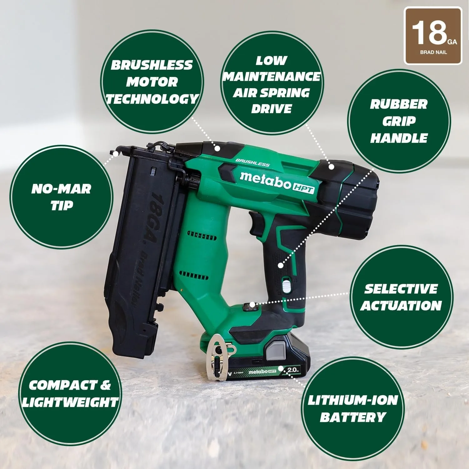 Kit de nailer Brad sem fio compacto de 18 V, nailer sem fio de calibre 18 com bateria de íon de lítio de 2,0 Ah, unidades de unhas Brad de 5/8