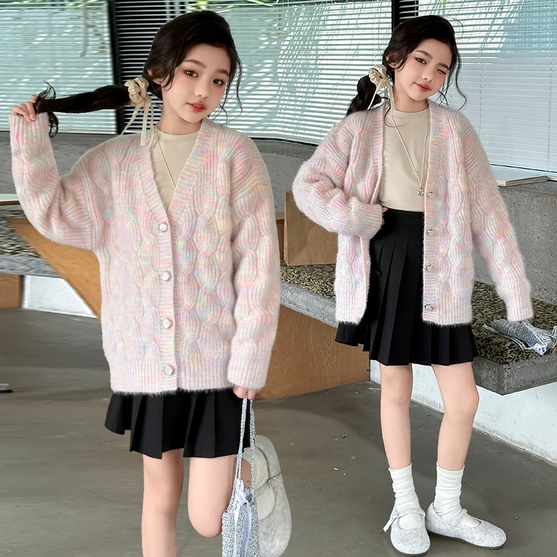 

High Fashion Children Colorful Cardigan with Buttons for Tweens Girls Spring Autumn Cable Knit Sweater Kids New Design Knitwear