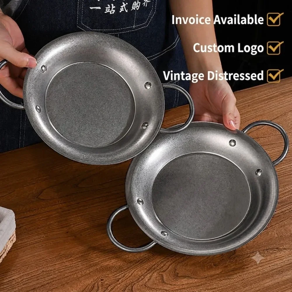 Retro Stainless Steel Seafood Paella Pan Plates Vintage Rice Pasta Serving Dish Oval Platter Cookware 20cm 22cm 24cm 26cm 28cm