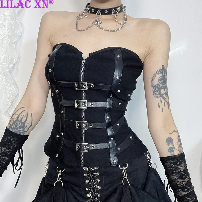 

Lilac XN Y2K Goth Black Leather Buckle Strapless Tank Tops Sexy Zipper Off-Shoulder Corset Tube Tops Women Summer Top Streetwear