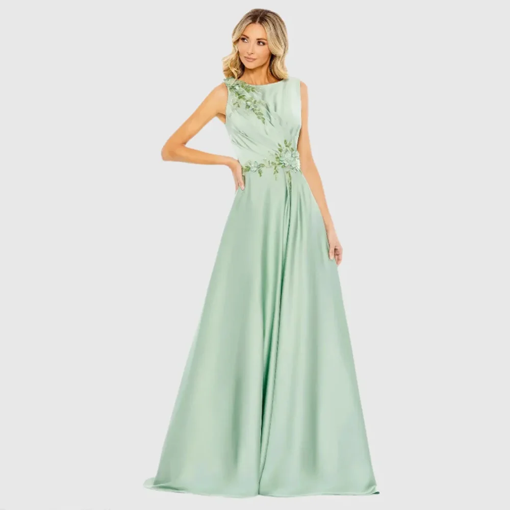 Customized  Charmeuse Sash Pleat Flower Beading Mother of The Bride Dress A-line Scoop Neck Long Wedding Guest Gown image 6