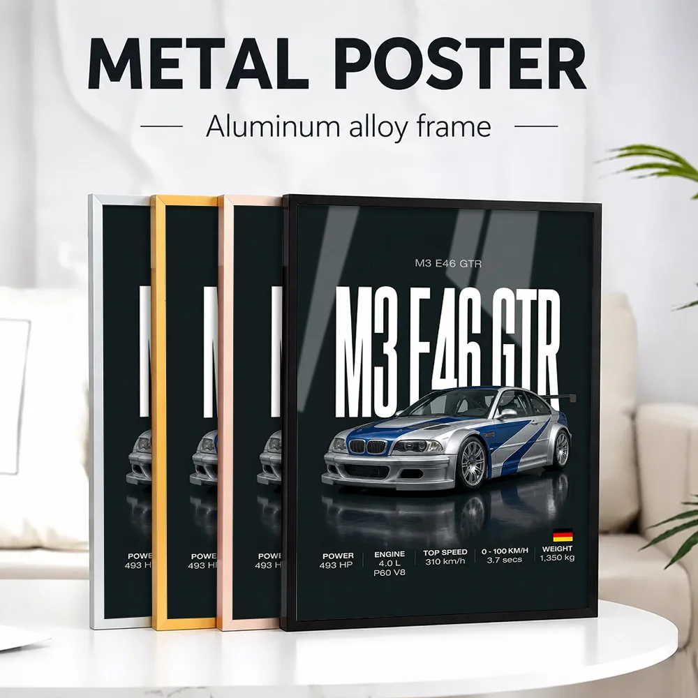 Silver Germany M3 E46 GTR Metal Poster With Aluminum Alloy Frame Personalized Photo Blueprint Style Wall Art For Driver Lounge