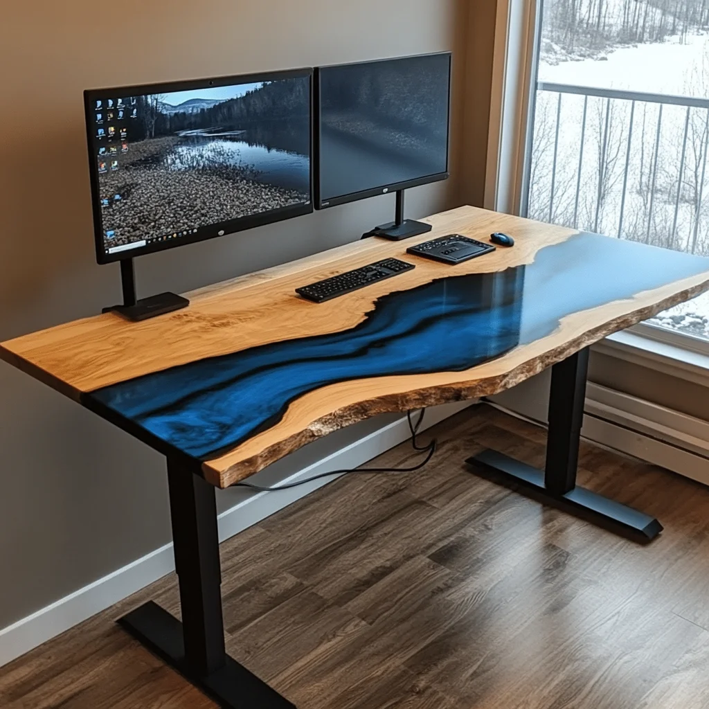 Custom Made Contemporary Design Adjustable Standing Desk With Epoxy Tops UV Finish 2 Motors Handcrafted Computer Desk Home Use