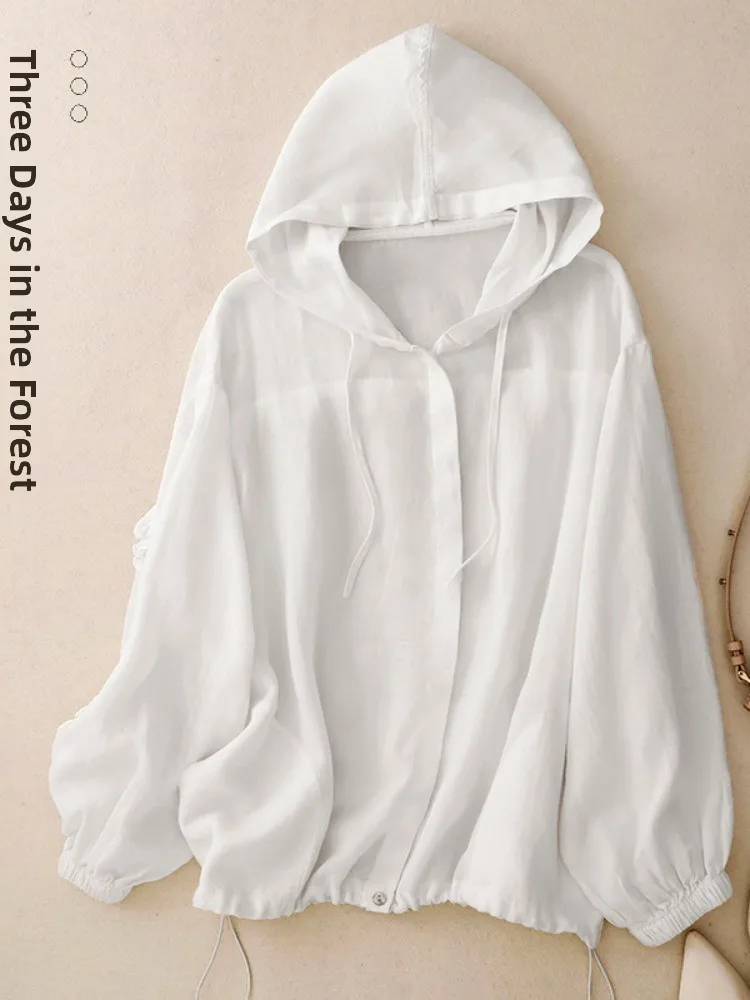 

Women's Summer White Simple Cotton Linen Outerwear Long Sleeve Drawstring Hooded Open Cardigan Retro Style Loose Fit Shirt