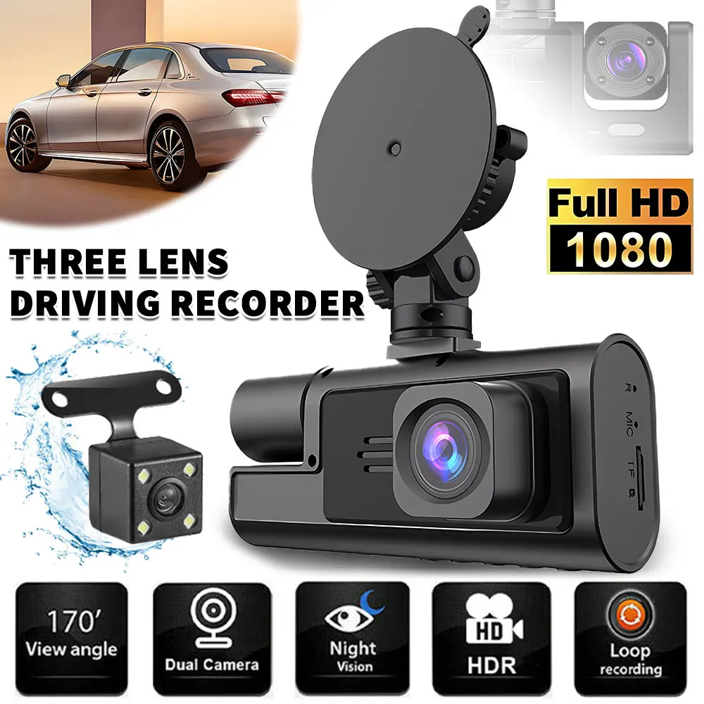 1080P سيارة داش كام 3 قناة الجبهة الخلفية والداخل مع واي فاي DVR مسجل قيادة حلقة تسجيل 24H شاشة ركن السيارة G-الاستشعار