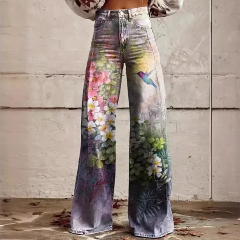 

Casual Color Printed Women's Pants 2024 Summer Retro Graffiti High Waist Button Wide Leg Pants Commuter Versatile Large Pants