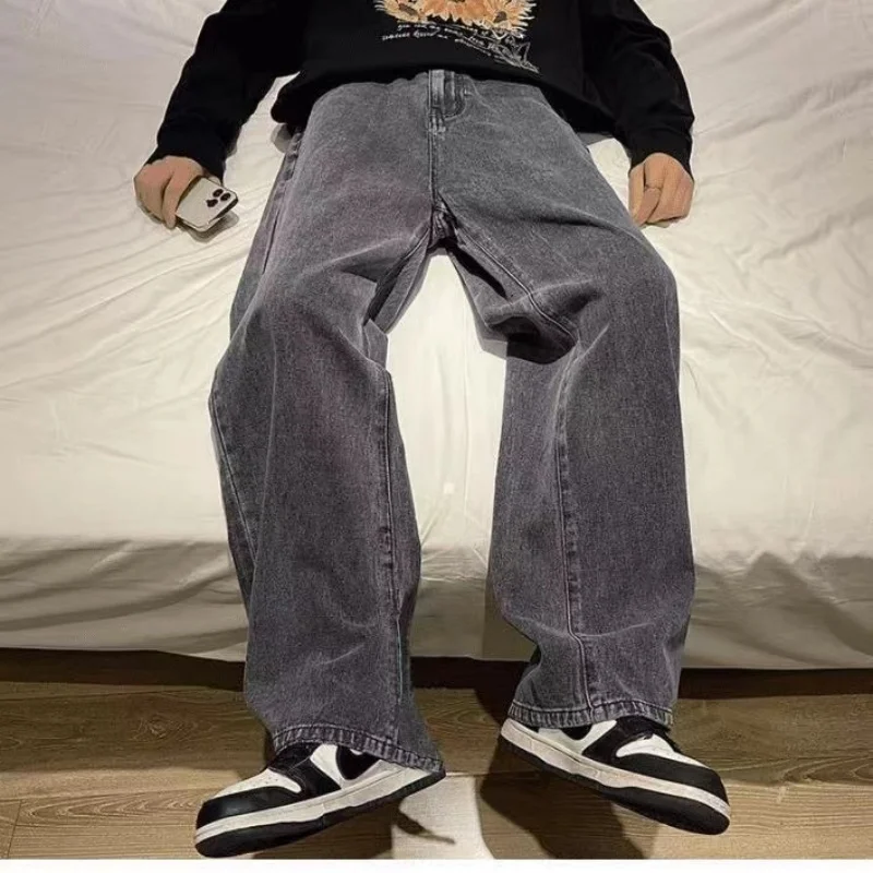 

2024, новая уличная одежда, свободные джинсы, мужские модные свободные прямые широкие брюки в корейском стиле, мужская брендовая одежда, черный, голубой