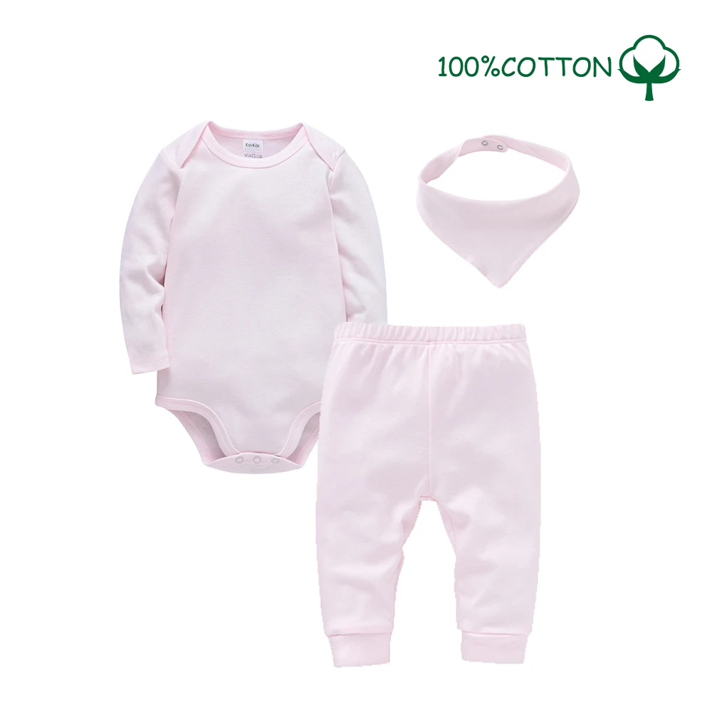 

3 Pieces Set 100% Cotton Baby Girls Rompers Pants Bib Blank Colors Kids Trousers Plain Newborn Clothing Muslin Bodysuit Clothes