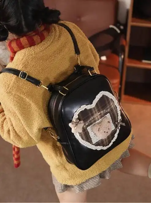 Bloom College Style Lolita Coffee Backpack Women Sweet Cute Lace Bear Large Capacity Schoolbag Student Y2k Backpacks Female