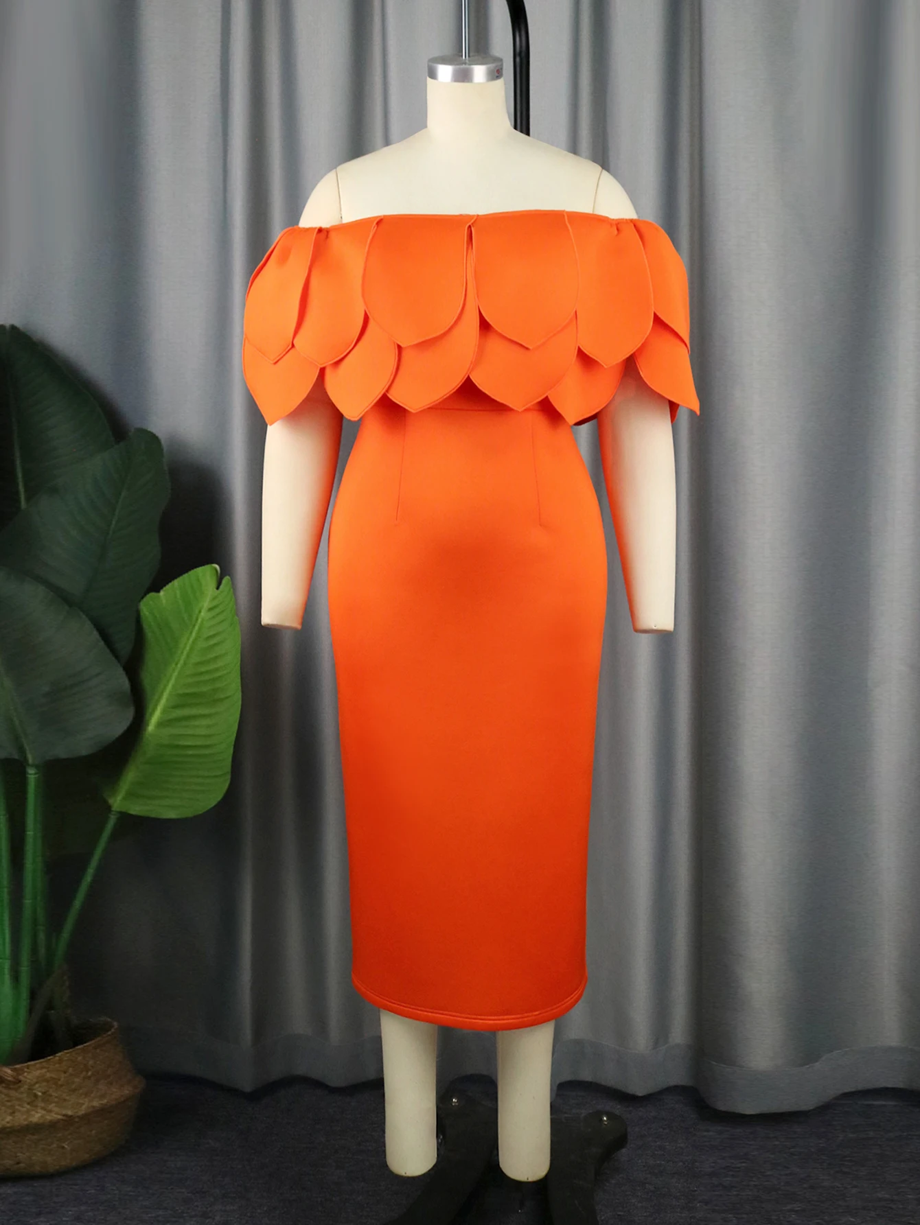 ONTINVA Off Shoulder Dress Orange Plus Size 3XL 4XL Sheath Sexy Ruffles Evening Birthday Party Outfits for Ladies Summer 2023