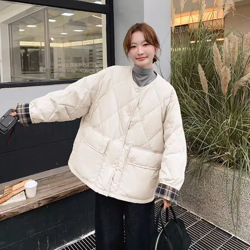 Retro Plaid Patchwork Lightweight Puffer Jacket Autumn Winter Loose Casual Quilted Jacket Female Round Neck Commute Padded Coats