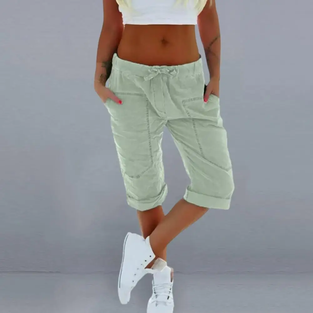 

Women Pants Summer Ladies 3/4 Trousers Casual Solid Color Low Rise Drawstring Pockets Sports Pants Shorts For Female