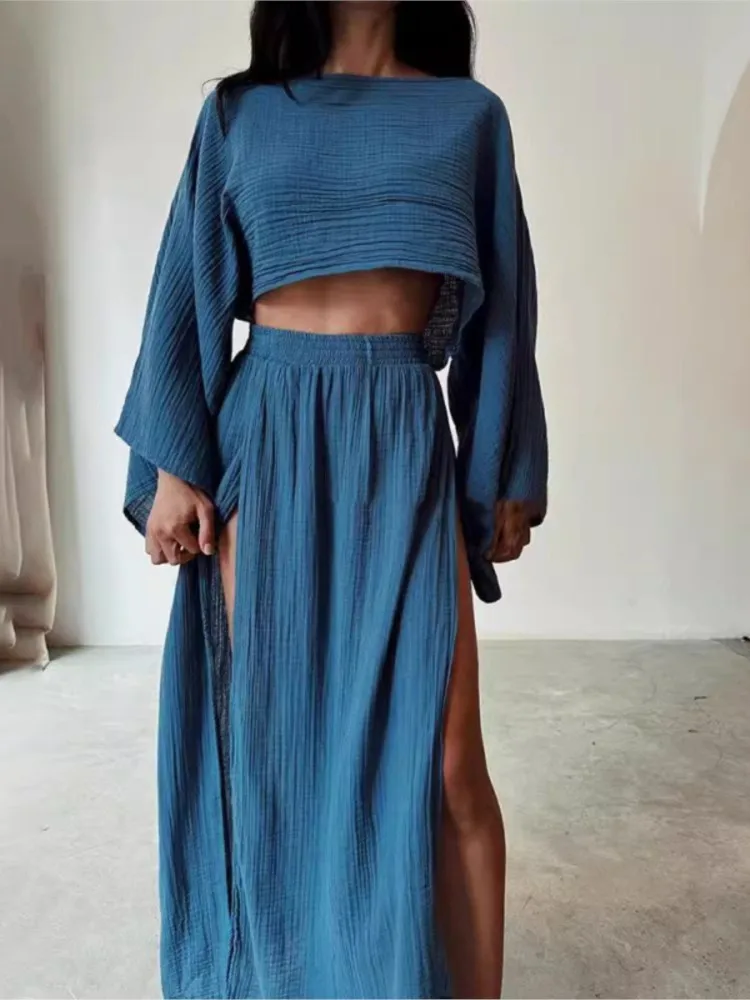 Casual Holiday Style Simple Solid Color Skirt Set Linen Blended Short Top High Waist Chic Split Cotton Linen Two-piece Set - Image 6