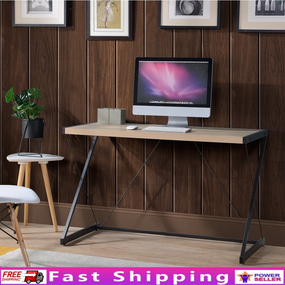

Modern Z Design Writing Desk Space Saving Laptop Table Sturdy Metal Legs Easy Assembly Small Spaces Dorm Rooms Oak Finish