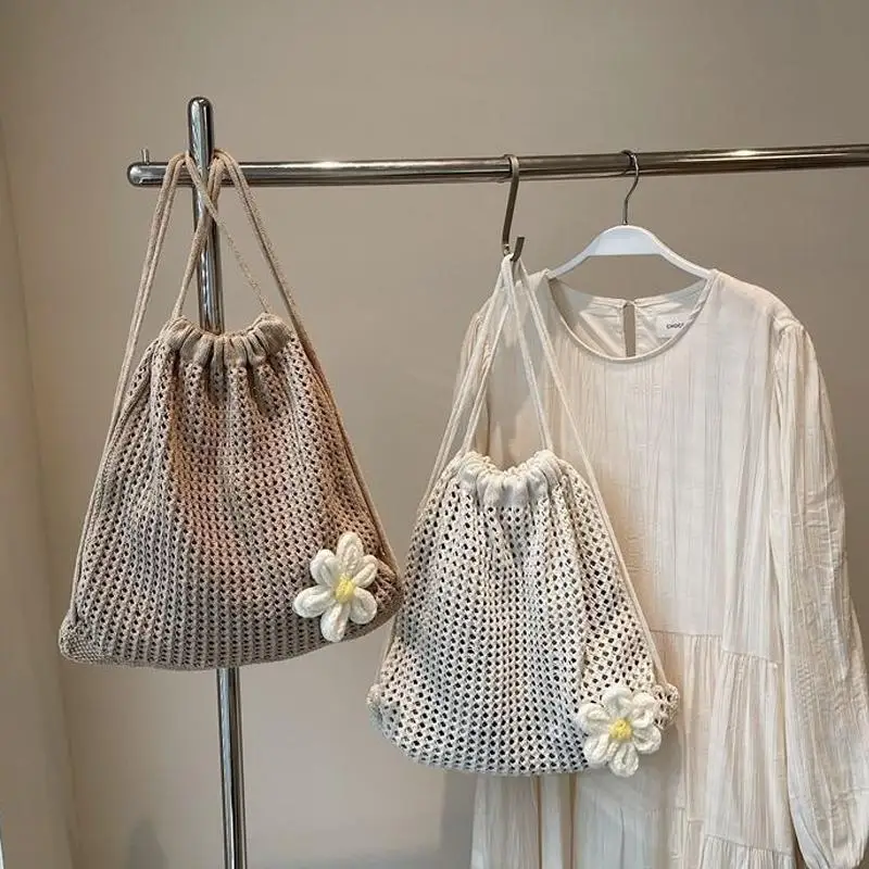 ●Solid Color Knitting Shoulder Bag Large Capacity Bohemian Crochet Backpack Hollow Out Beach Travel Female Shopping Tote Bag
