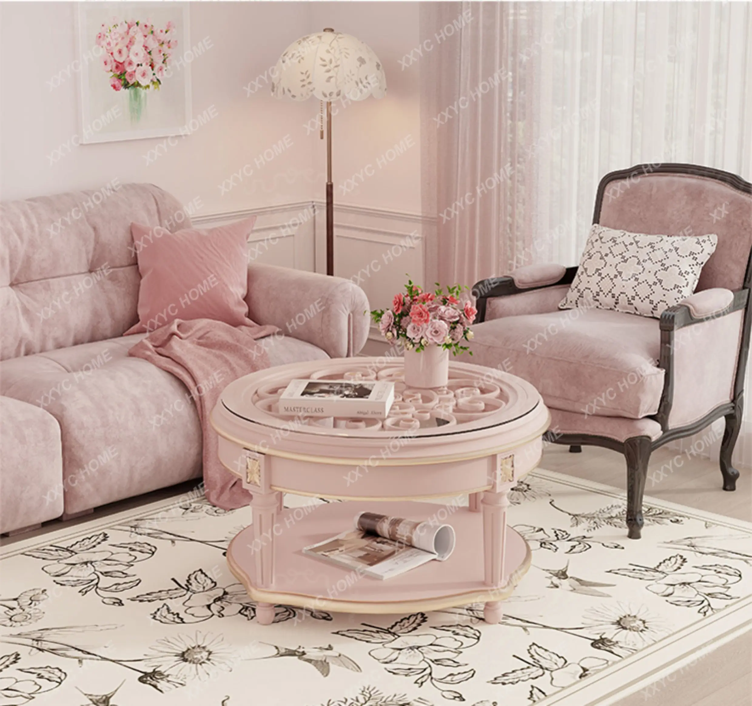 Hretro style coffee table living room home pink glass hollow light luxury high-end round solid wood