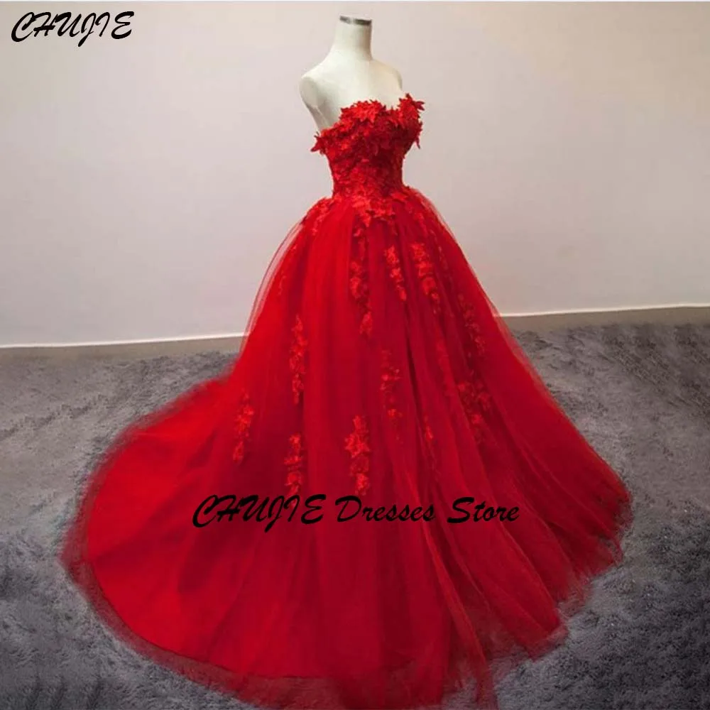 

Red Appliques Strapless A line Prom Dresses Mesh Pleat vestidos de noche Floor Length Princess Evening Dress 2025 Customized