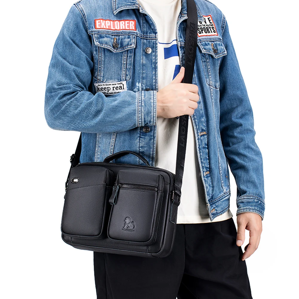 Head layer cowhide single shoulder crossbody bag for men with double layered casual leather horizontal design