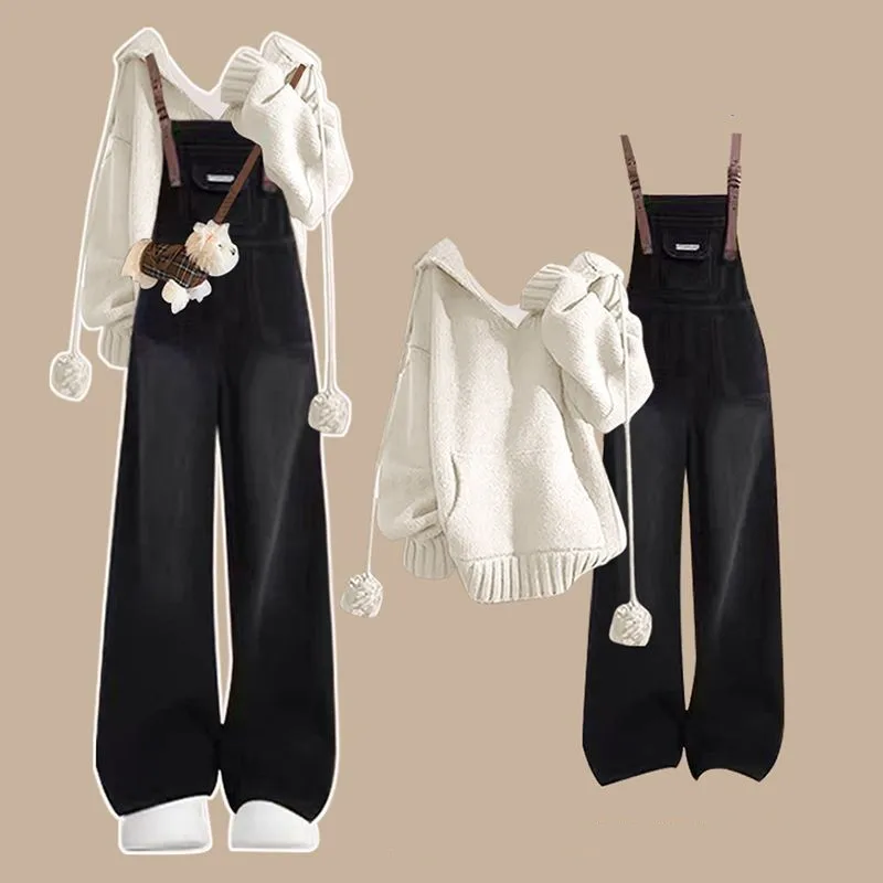 Women's Autumn Winter New Vintage Hooded Knitted Sweater+Straps Jeans Two-piece Suit Korean Elegant Denim Pants Matching Set