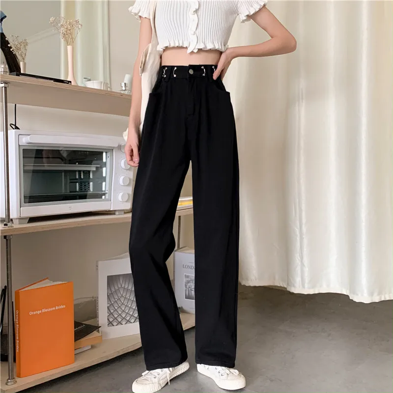 بنطلون جينز Bla عالي الخصر وواسع الساق للنساء فضفاض ومستقيم ورقيق للصيف بالإضافة إلى مقاس كبير بطول الأرض