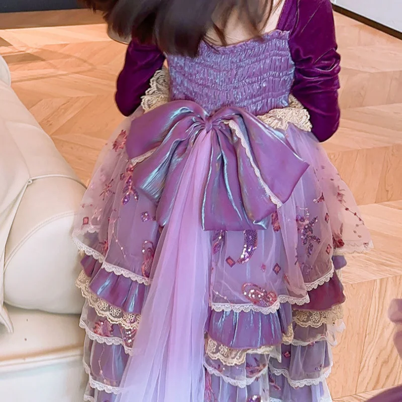 Princess Dress Girl's Fashionable Purple Star River Heavy Industry Tail Dress High-End Princess High-End Dress