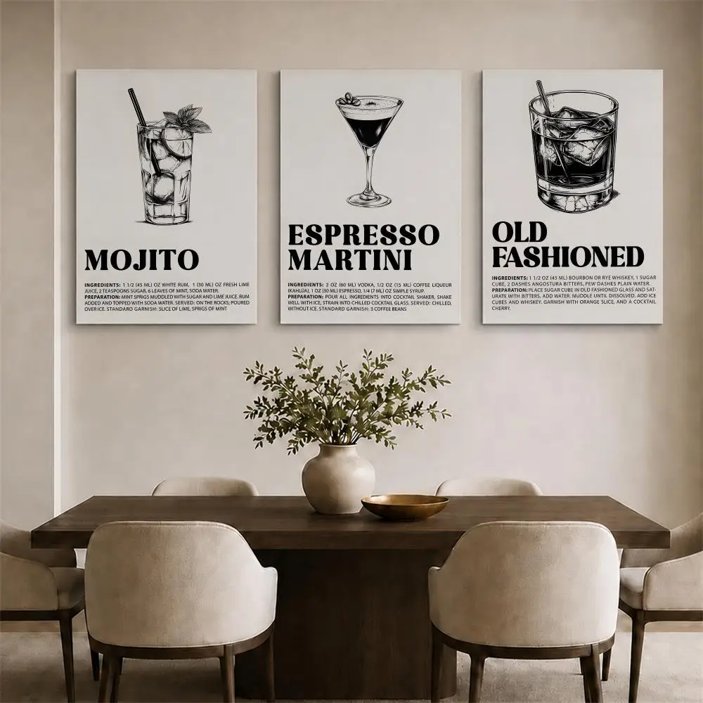 Vintage Cocktail Recipe Framed Wall Painting Ready to Hang Canvas Art Poster for Living Room Bedroom Home Decor Decals