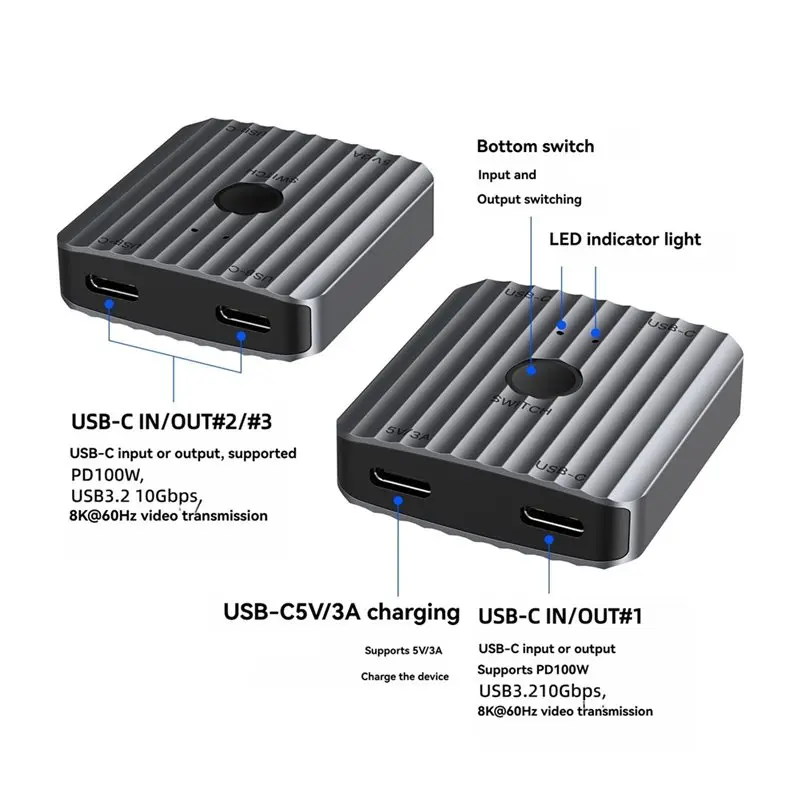 B03B-USB-C 1 In 2 Out/2 In 1 Out Switcher Bi-Directional Switch Splitter 8K 60Hz 100W PD 10Gbps For Laptop TV Projector