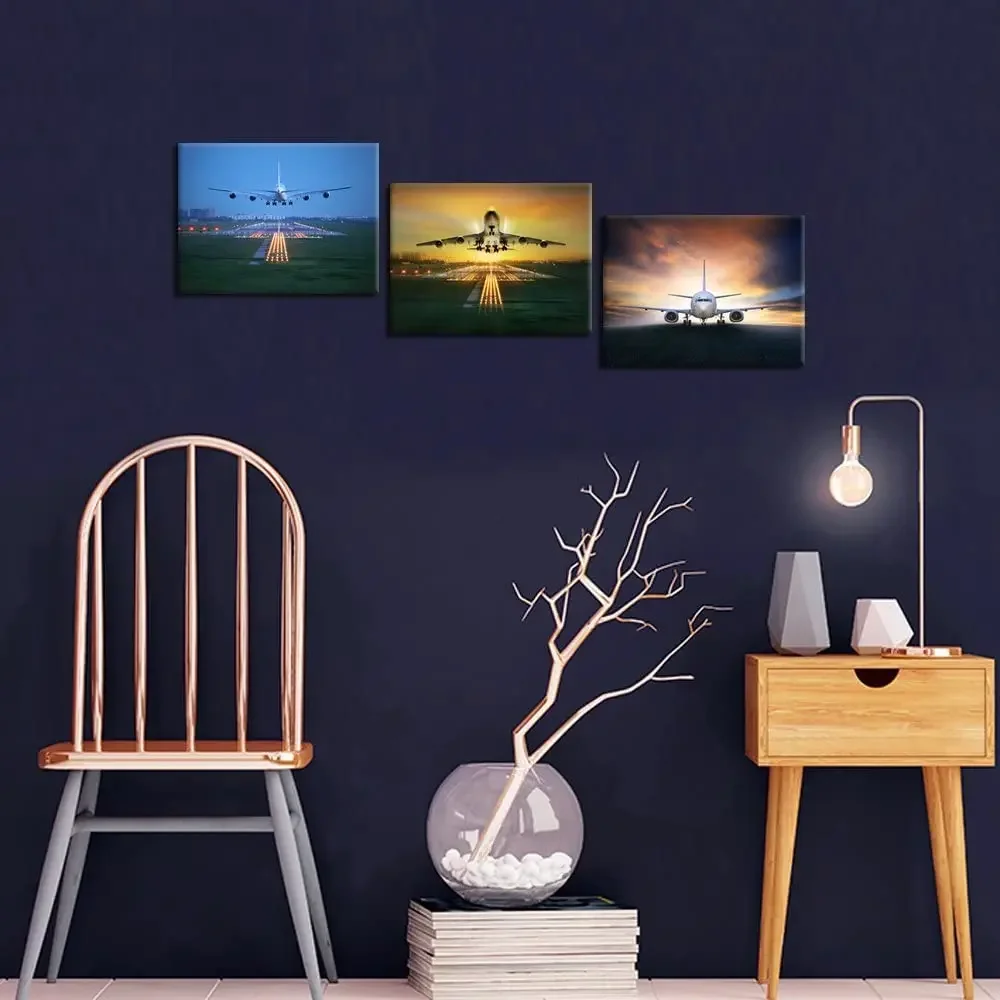 Airplane Take Off Aircraft 3 Pcs Mural Posters Wall Print Art Canvas Pictures Home Decor Paintings for Living Room Decoration