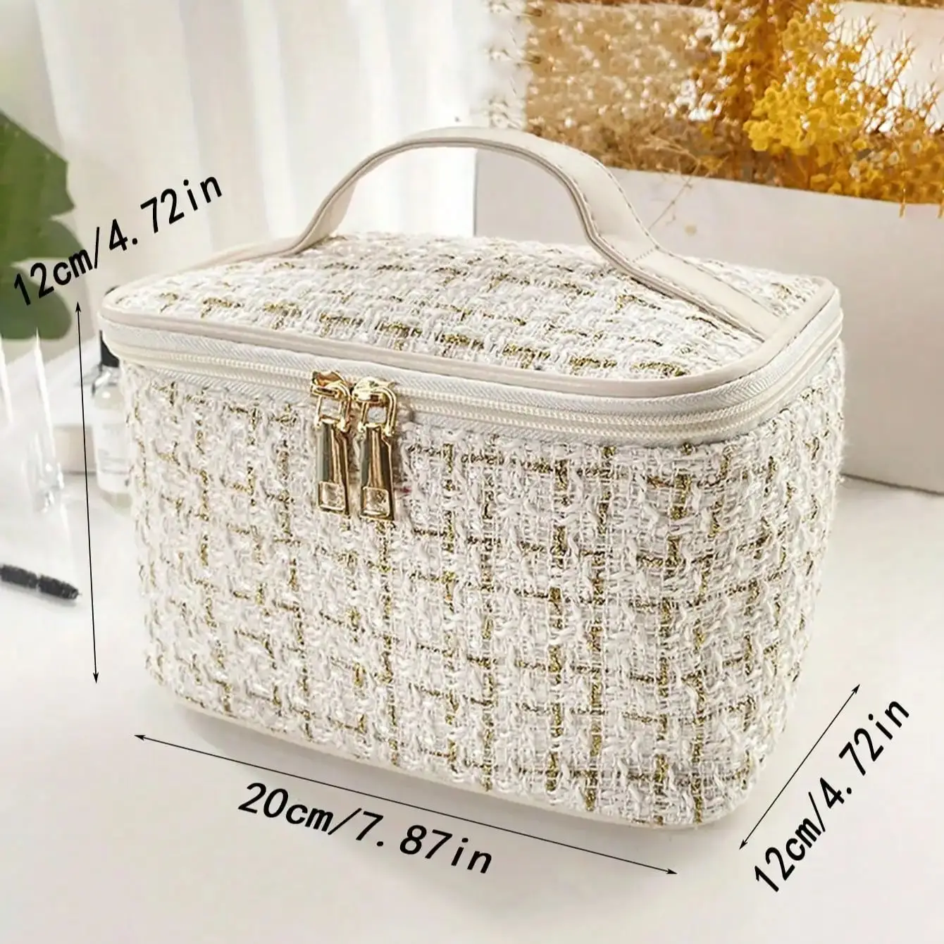 Elegant Tweed Makeup Case with Handle, Large Capacity Cosmetic Storage Bag, Portable Travel Toiletry Bag for Women