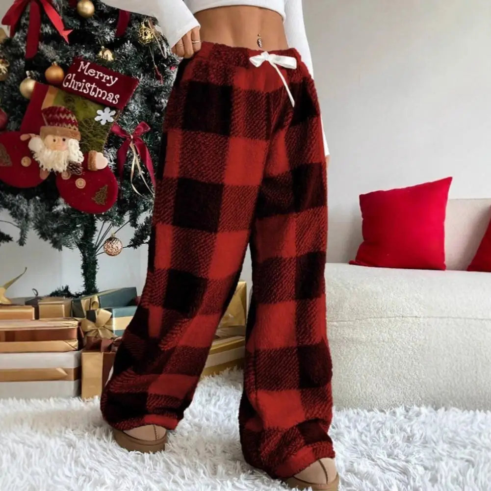 Wide Leg Coral Velvet Trousers Women Plaid Wide Leg Pants Drawstring High Waist Coral Fleece Loungewear Thick Warm for Indoor