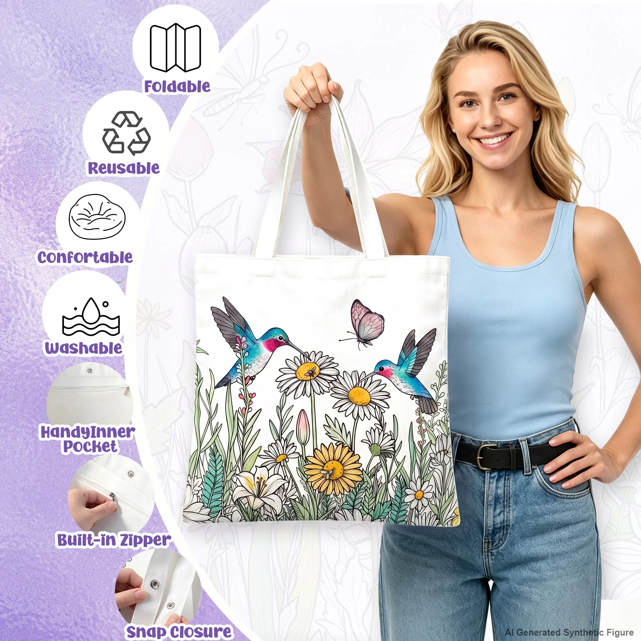 ROYAMOON Coloring Canvas Tote Bag for Women,24 Acrylic Markers, DIY Painting Art Kit, Creative Arts & Crafts Activity, Fun DIY Craft Set, Gifts (Hummingbird Daisy)